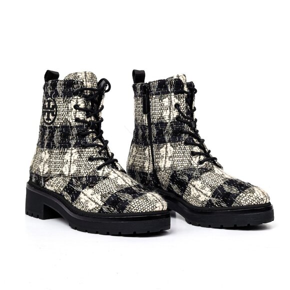Tory Burch Women Miller Fabric Plaid T Logo Zip Lace-up Combat Boots sz 8.5 - Picture 1 of 9